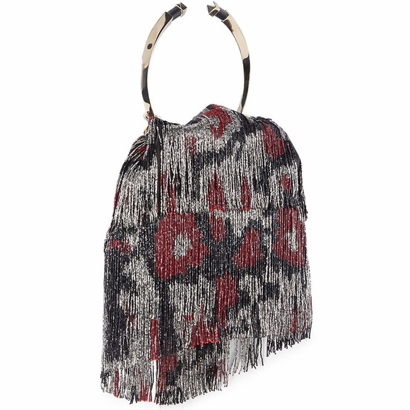 VALENTINO GARAVANI BEADED FRINGE SATIN CLUTCH WITH GOLD TONE ROUND HANDLE - Picture 5 of 16